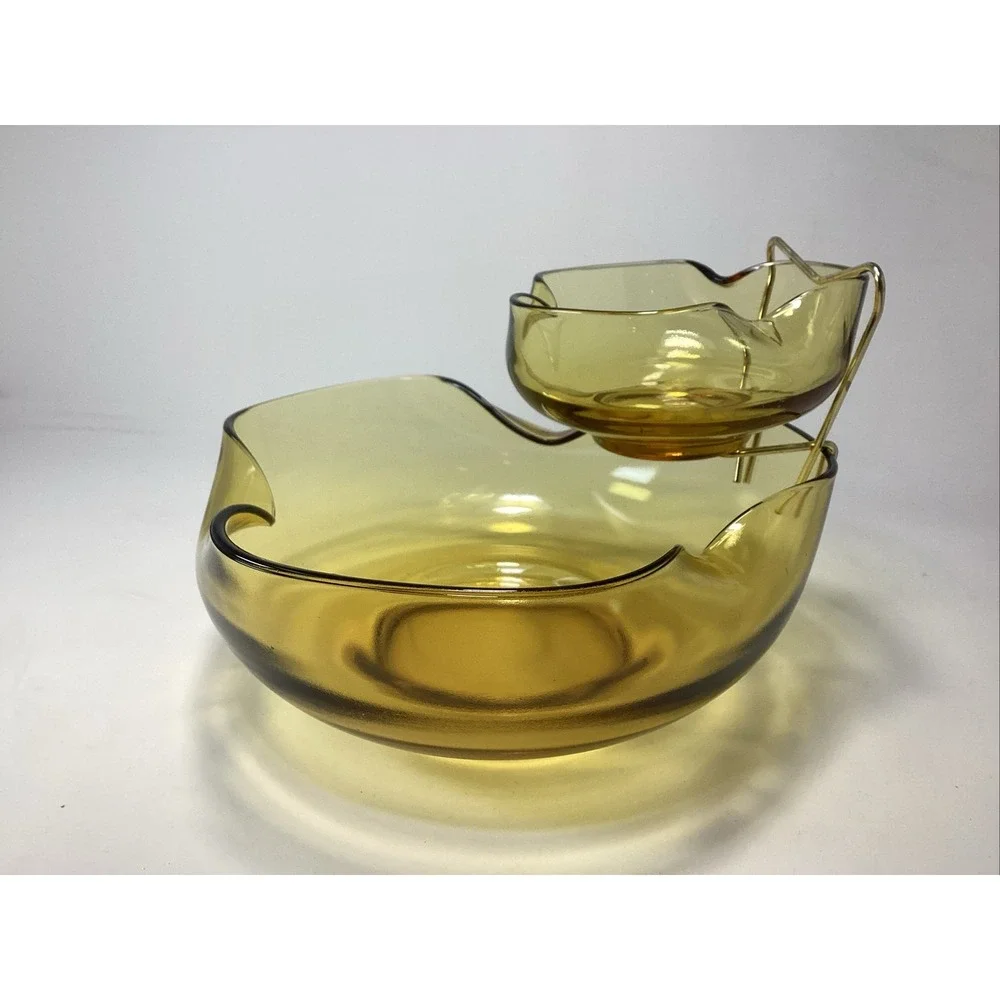 VTG Anchor Hocking Accent Modern Chip and Dip Set Honey Gold 3 Pc